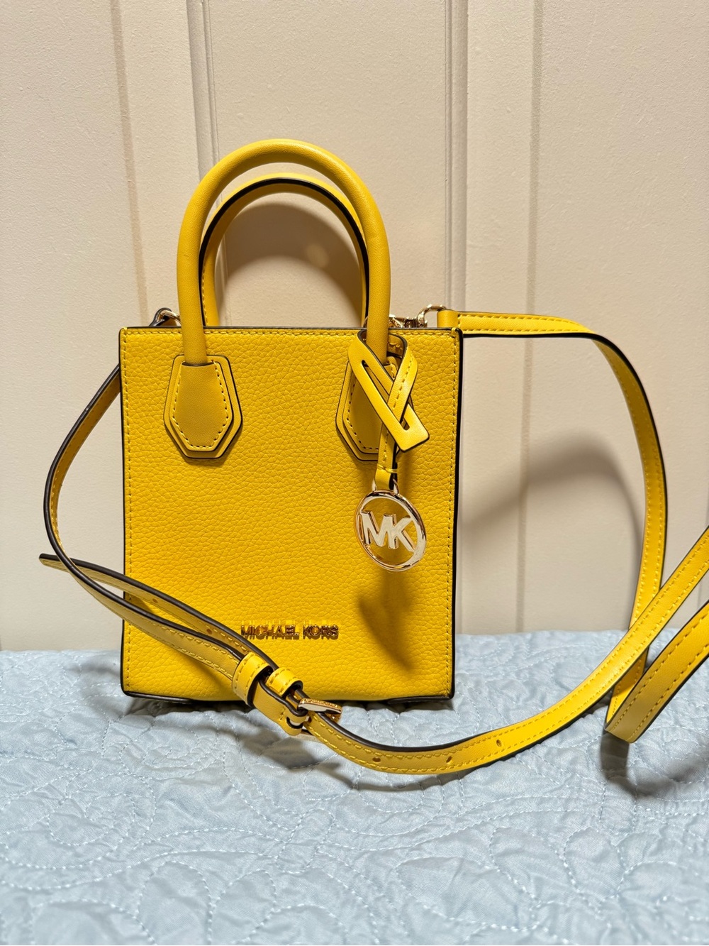 Michael Kors Yellow Mini Mercer Pebbled Leather Crossbody Tote MK Charm